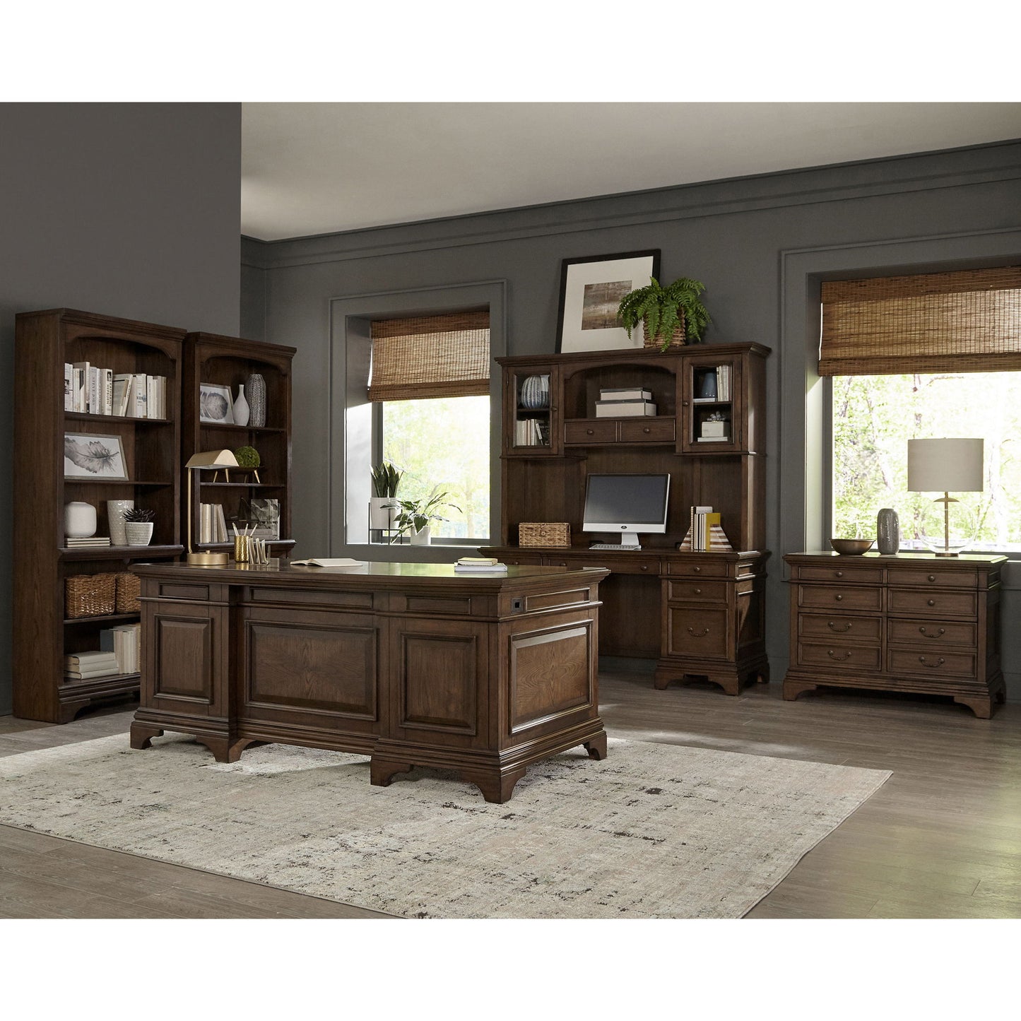 Stigham - 5 Drawer Credenza With Hutch - Oak