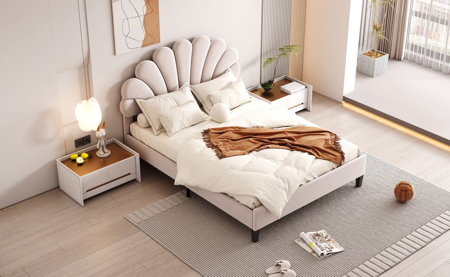 Upholstered Platform Bed With Flower Pattern Headboard