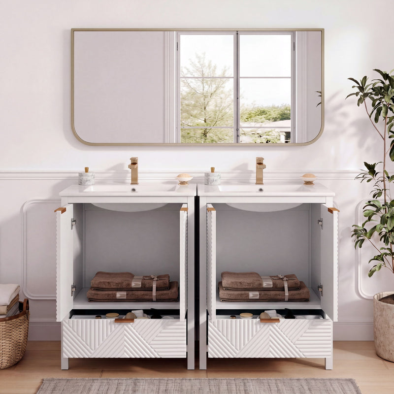 48" Bathroom Vanity Set With Textured Door Panels, Soft Close Hinges, Single Faucet Hole, Large Storage & Drawer - White