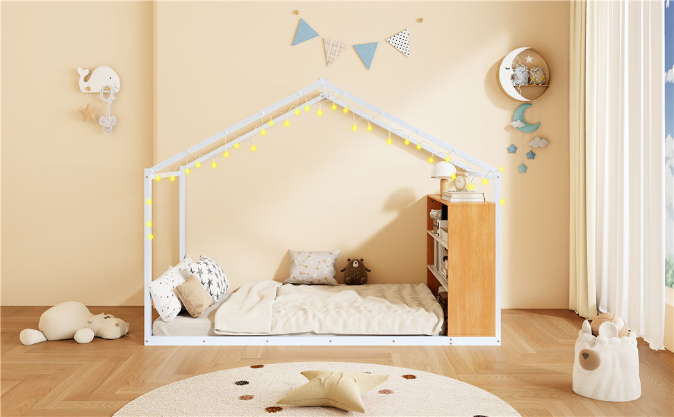 Bed House Frame With Shelves And Lights