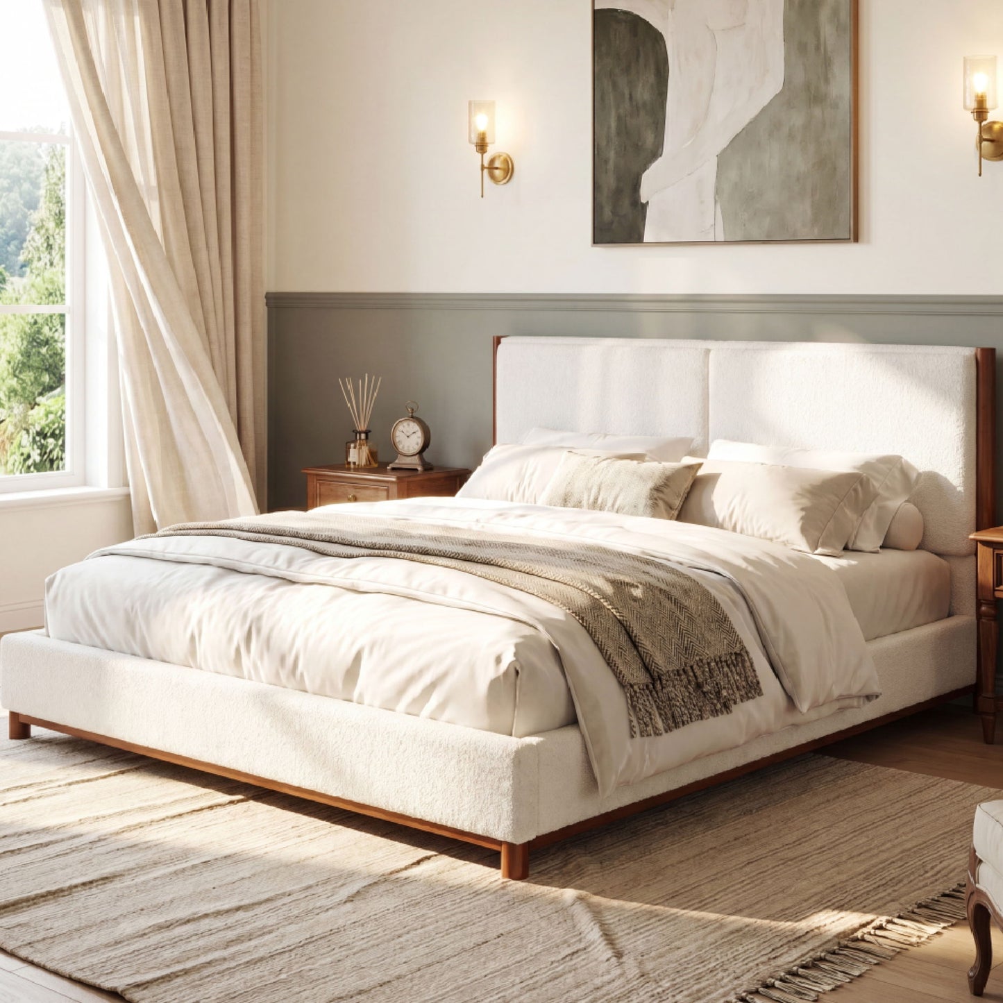 King Upholstered Bed Frame, No Box Spring Needed - Walnut / White