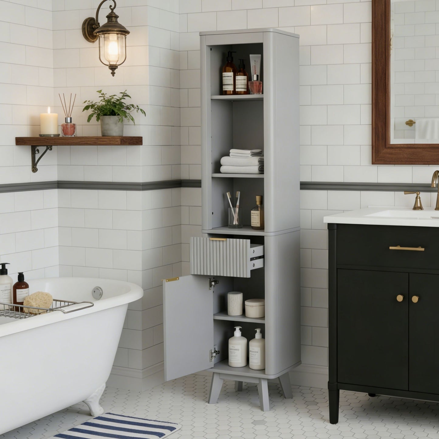 Tall Bathroom Storage Cabinet With Adjustable Shelves And 1 Drawer & Door