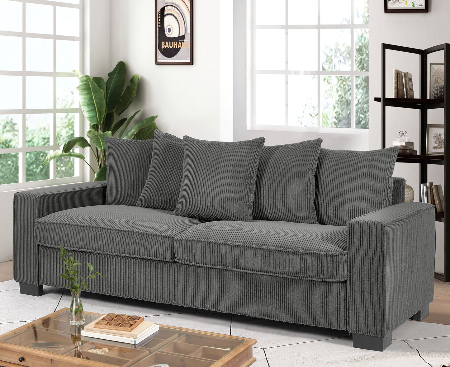 Luxe Sofa With 5 Matching Toss Pillows, Sleek Design, Spacious And Comfortable 3 Seater Couch