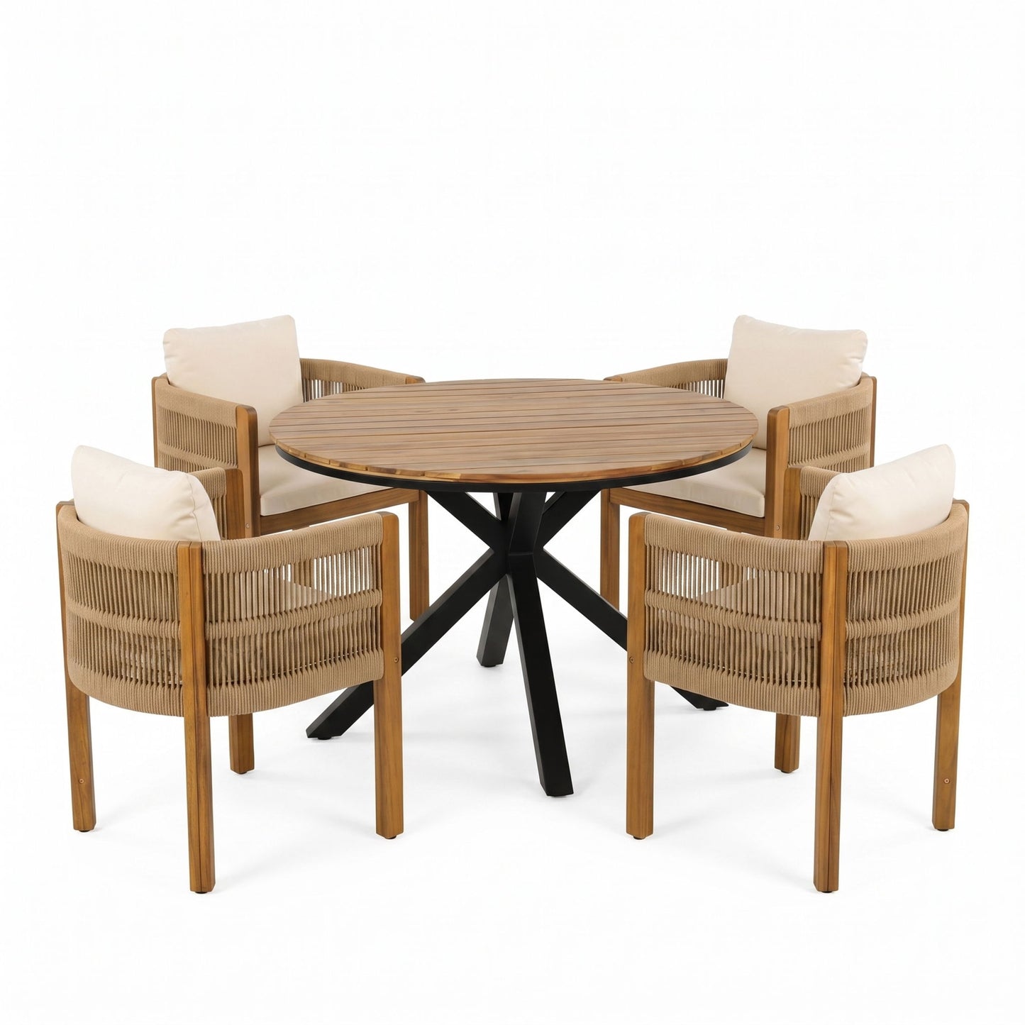 5 Piece Outdoor Dining Set With Round Table And 4 Wrapped Chairs - Black / Brown / Teak
