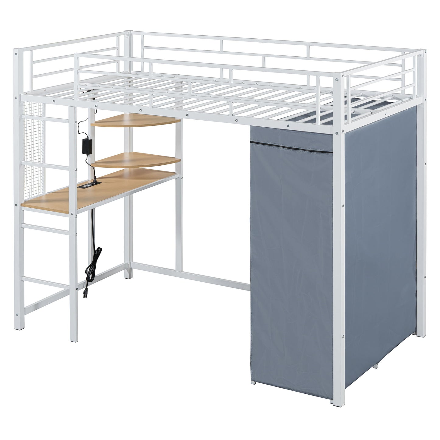 Loft Bed With Desk, Shelves, Power Outlet, LED Light And Wardrobe