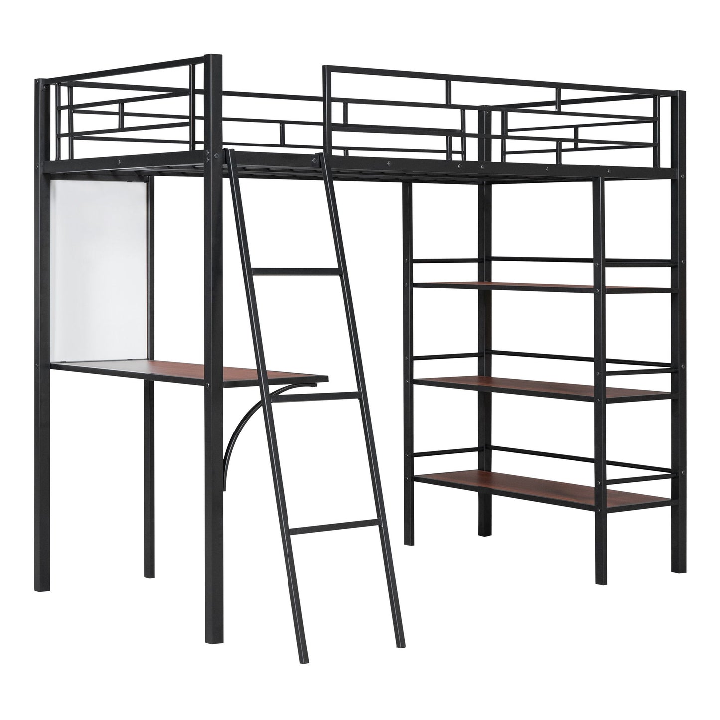 Loft Metal Bed With 3 Layers Of Shelves And Desk, Stylish Metal Frame Bed With board