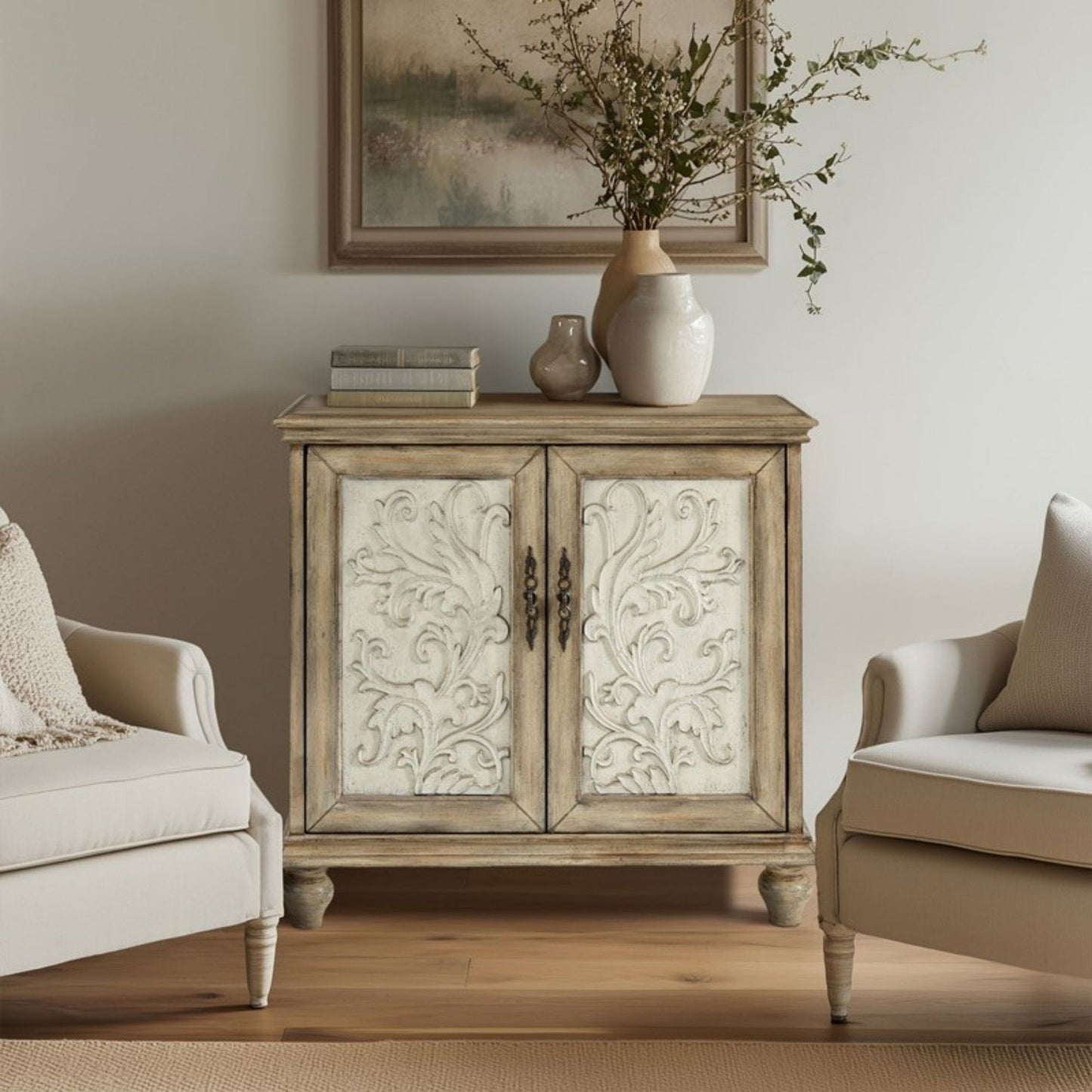 Driscoll - 2 Door Cabinet With Floral Design - Reclaimed Natural