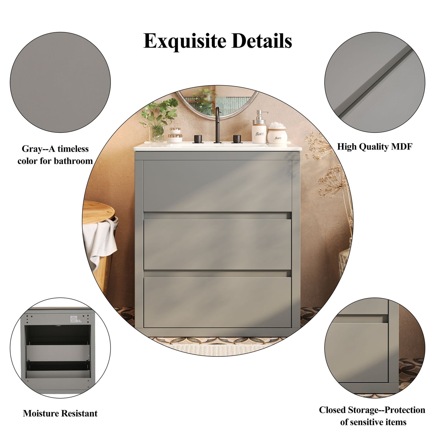 Freestanding Bathroom Vanity With Ceramic Sink, 2 Full Extension Drawers