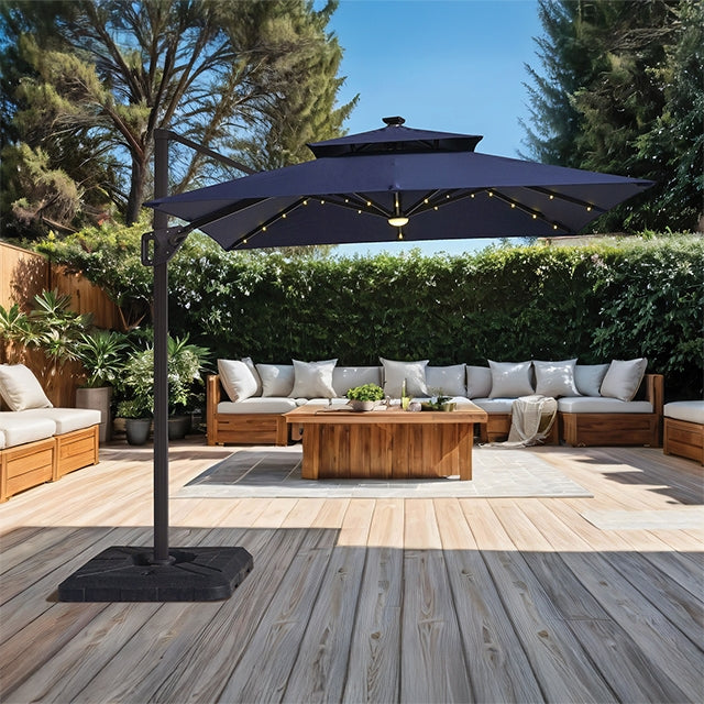 Xico-8 Ft Square Umbrella w/ Double Top w/ LED Light + 37" Large Base
