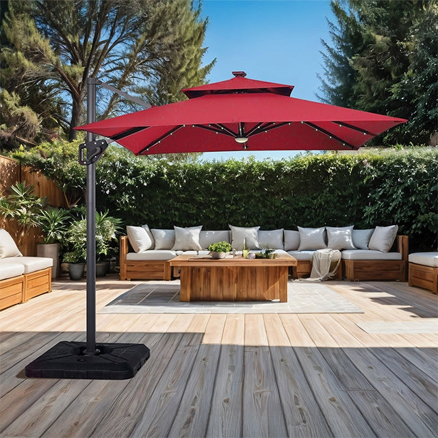 Xico-8 Ft Square Umbrella w/ Double Top w/ LED Light + 37" Large Base