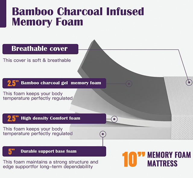 Nasturtium-10" E.King Bamboo Charcoal Infused Memory Foam